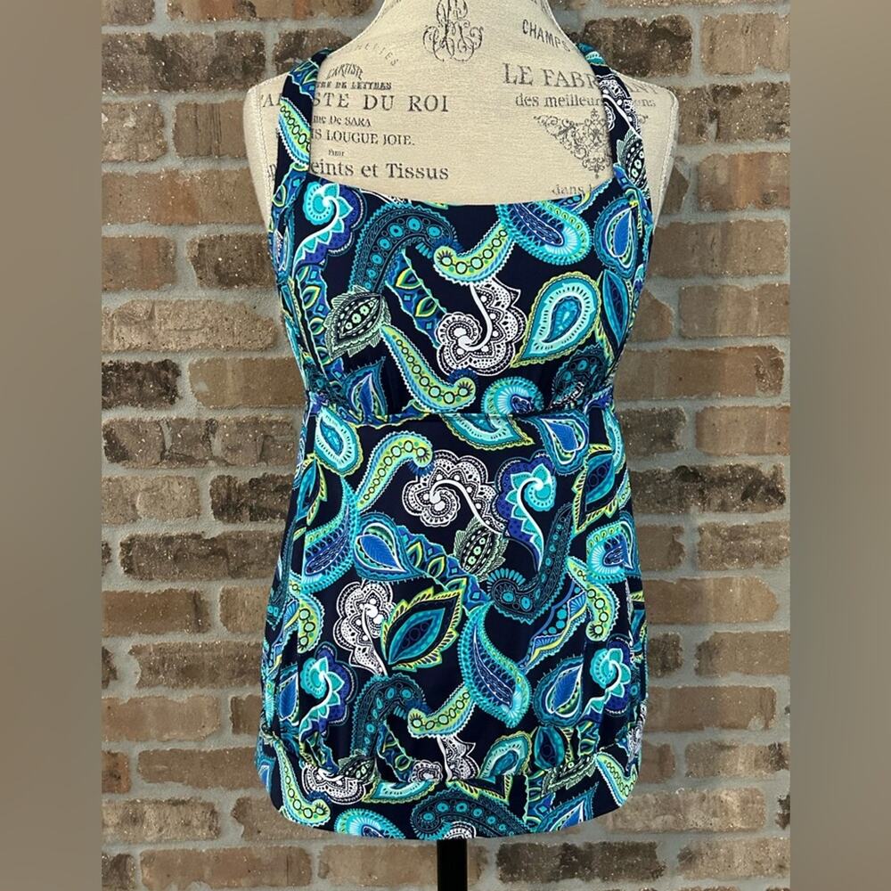 Lands end blue paisley tankini top size 10 molded cups shelf bra